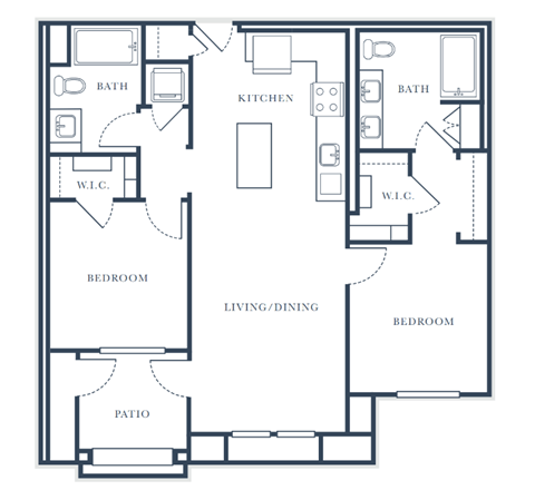 A floor plan of a house with two bedrooms, a living/dining area, a kitchen, a bathroom, a pantry, and a patio.